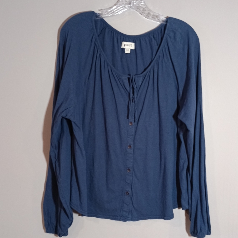 PACT Portside Poet Navy Button Blouse Organic Cotton Linen Size M